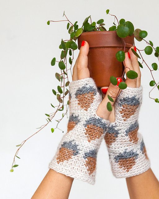 Someone wearing crocheted fingerless mitthens holding a pot plant.