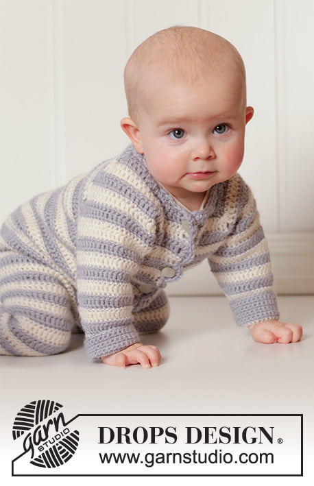 Blue and white striped crochet baby overalls.
