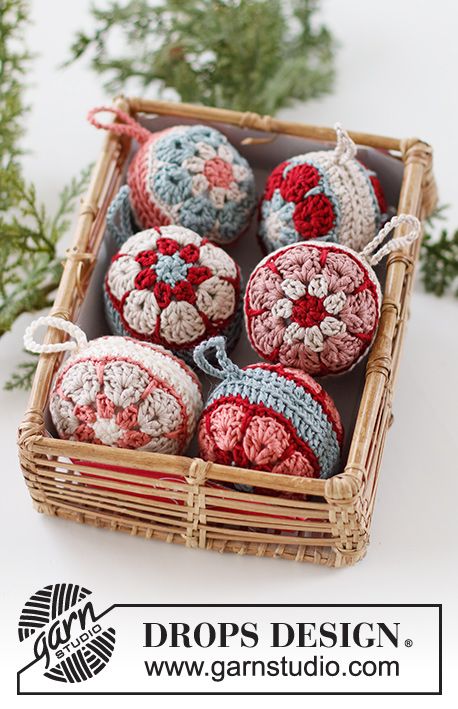A basket of crocheted christmas baubles.