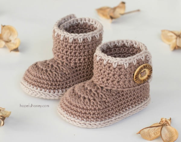 Crocheted baby boots.