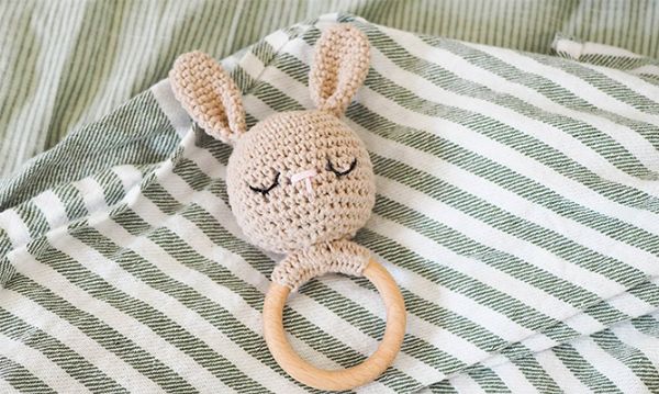 Crochet bunny teether.