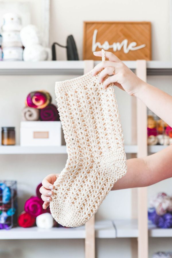 Lacy crochet Christmas stocking.