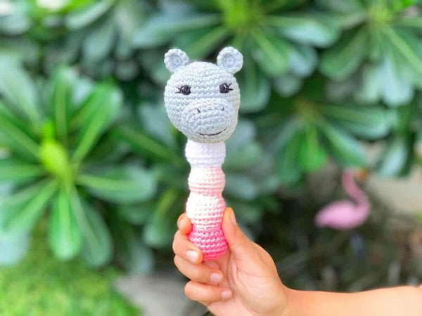 Crochet hippo baby rattle.