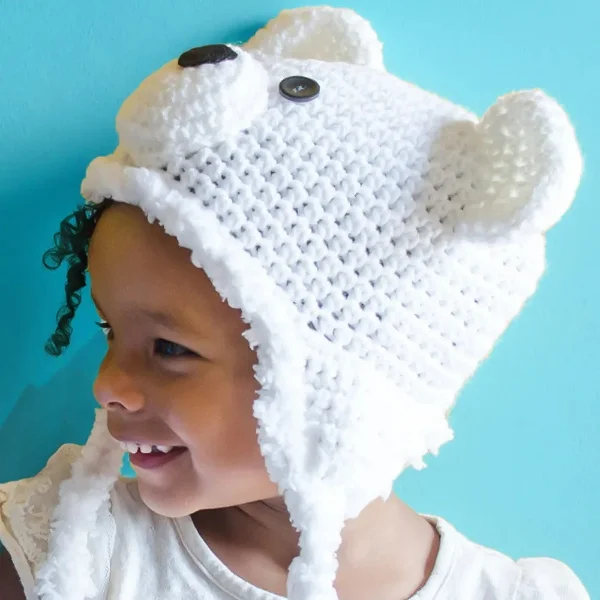 Crocheted polar bear hat.