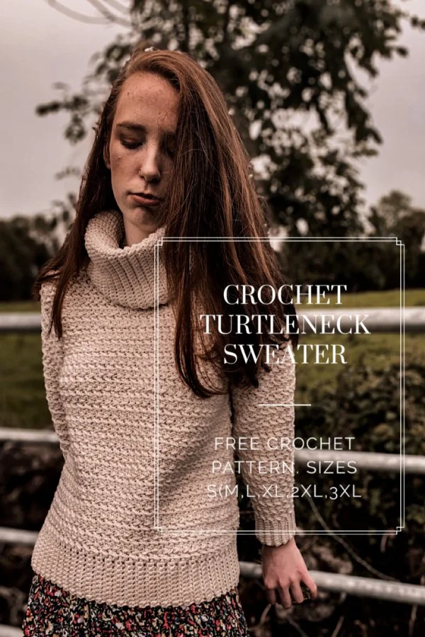 Woman in crochet turtleneck sweater.