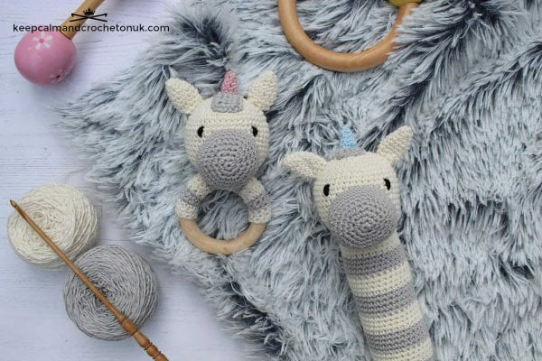Crochet unicorn teething ring and rattle.