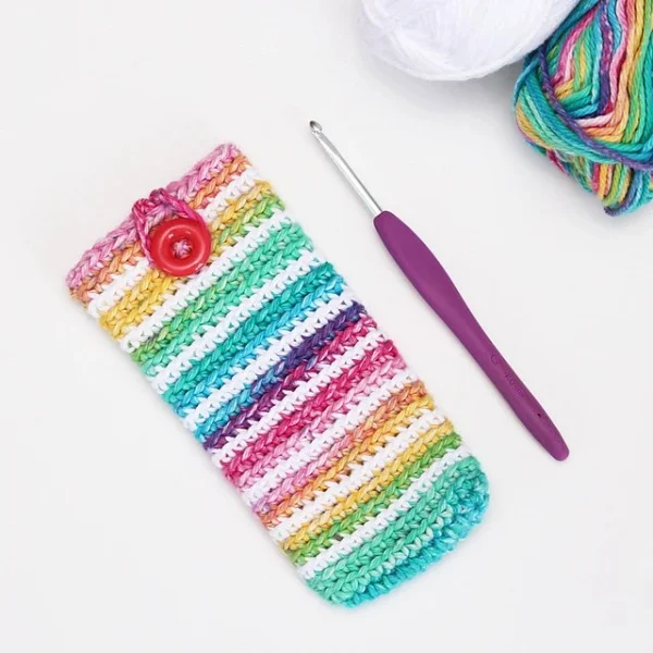Rainbow striped crochet sunglasses case.