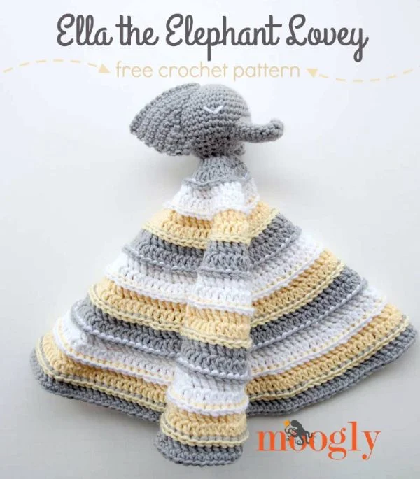 Yellow and grey crochet elephant baby lovey.