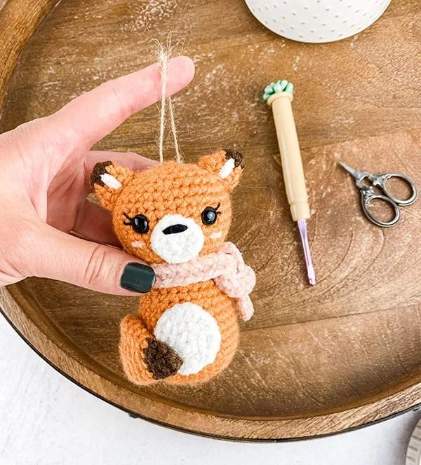 Amigurumi crochet fox ornament.