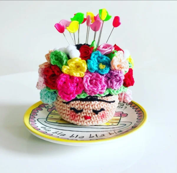 Frida Kahlo styled crochet pin cushion.