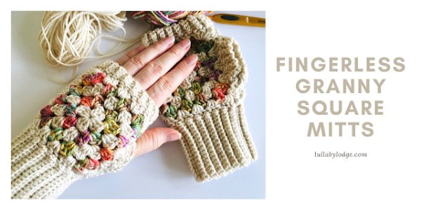 Granny square crocheted fingerless mitts.