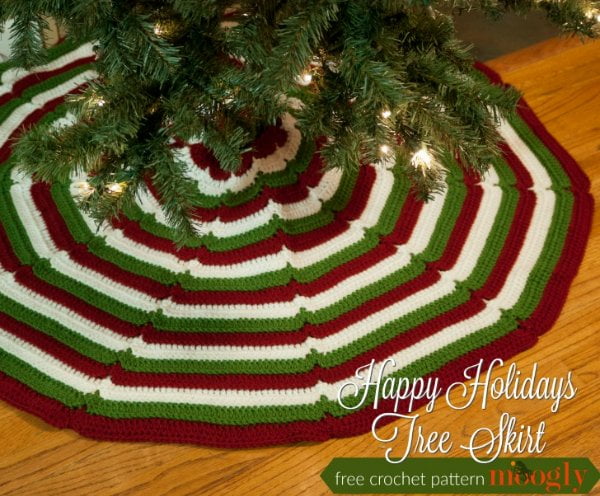 Green, red, and white striped crochet Christmas tree skirt.