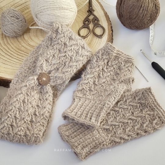 Fingerless crochet gloves and matching earwarmer.