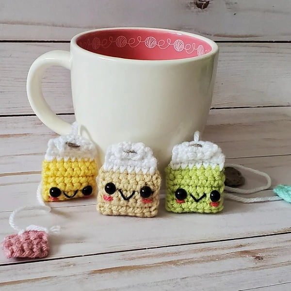 Teabag shapes crochet bookmarks.