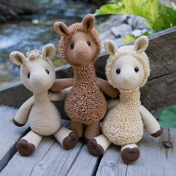 Three crochet llamas sitting together.