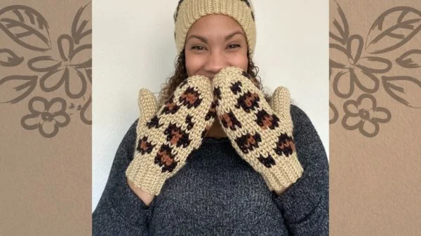 Leopard print crochet mittens.