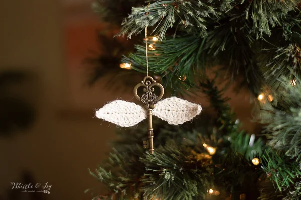 Flying key crochet Christmas tree ornament.