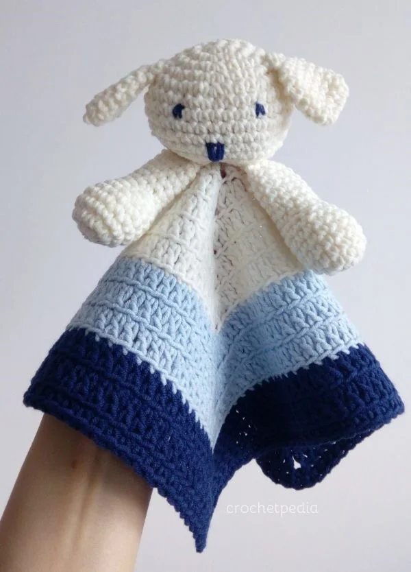 Crochet puppy baby lovey blanket.