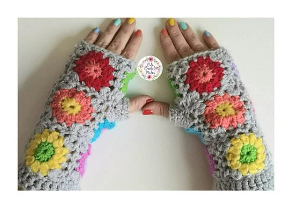 Granny-square styled crocheted mitts.