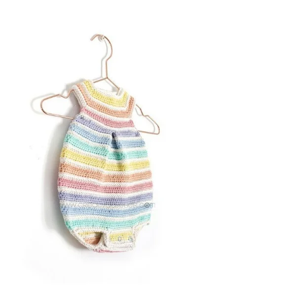 Crochet rainbow striped baby romper.