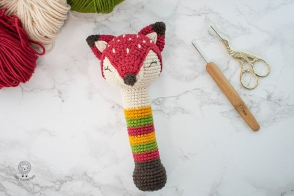 Sleepy fox crochet baby rattle.