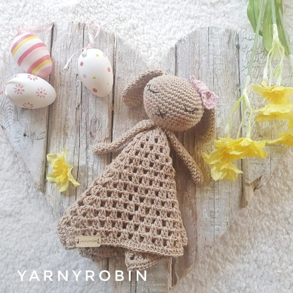 Crocheted bunny baby lovey.