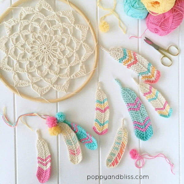Crochet feather bookmarks.