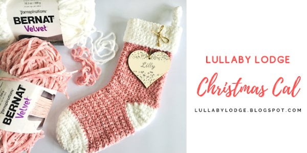 Pink and white velvet yarn crochet Christmas stocking.