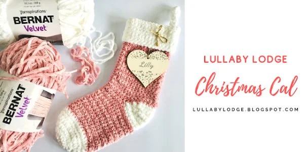 Pink and white velvet yarn crochet Christmas stocking.