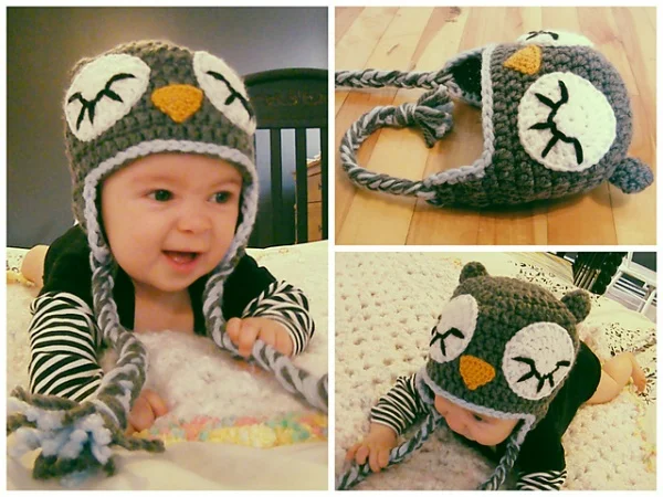 Baby wearing a crochet owl hat with earflaps