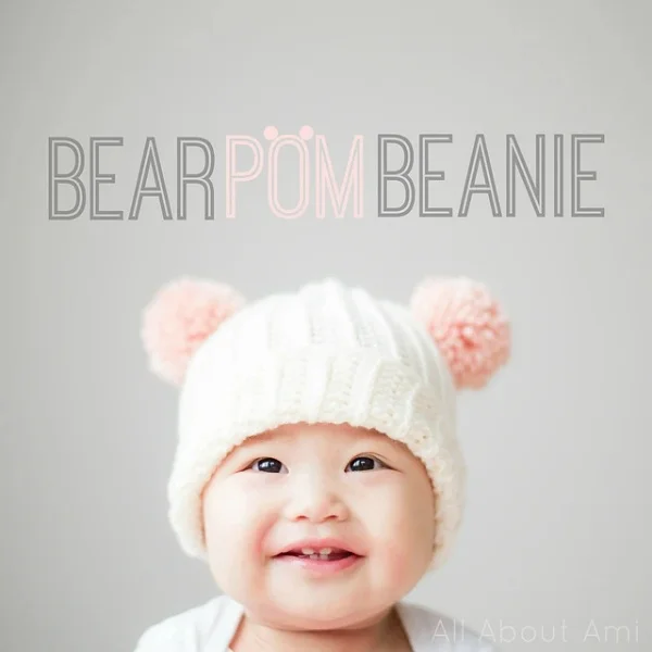 Crochet bear beanie with pom-pom ears.