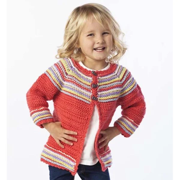 Little girl wearing a red crochet cardigan