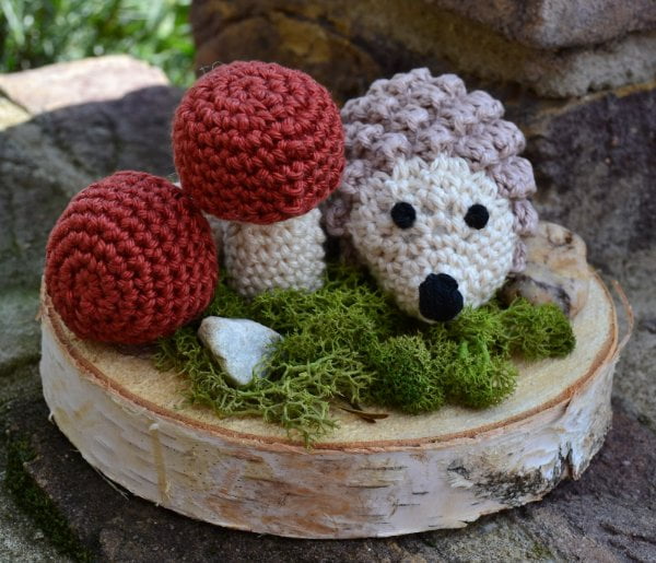 Crochet hedgehog and toadstools.