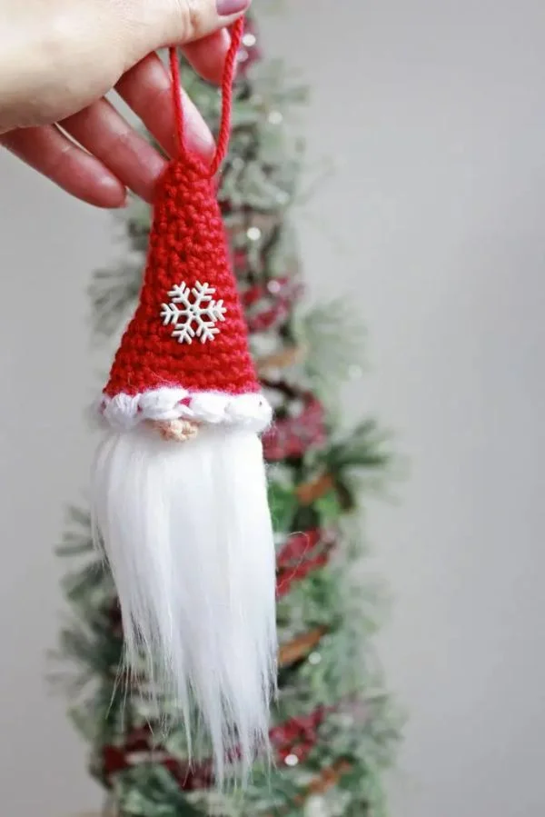 Santa gnome crochet Christmas tree ornament.