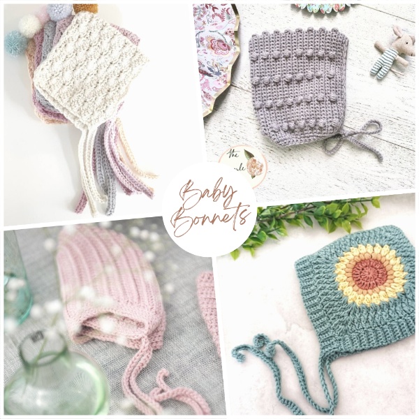 A collection of free crochet baby bonnet patterns.