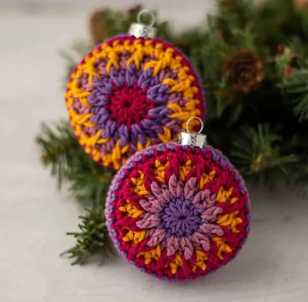 Brightly colored vintage crochet Christmas ornaments.