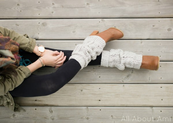 Leg warmers made with cable crochet stitches.