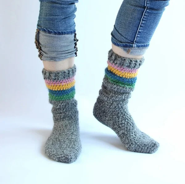 Grey crochet socks with stipes.