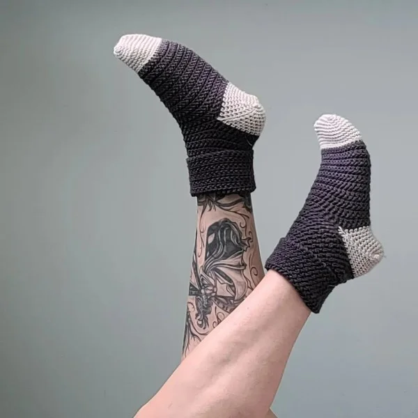 Brown and beige crochet slipper socks.