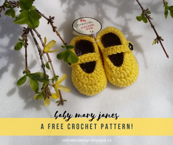 Yellow crocheted baby mary janes with yellow flowers on white board.