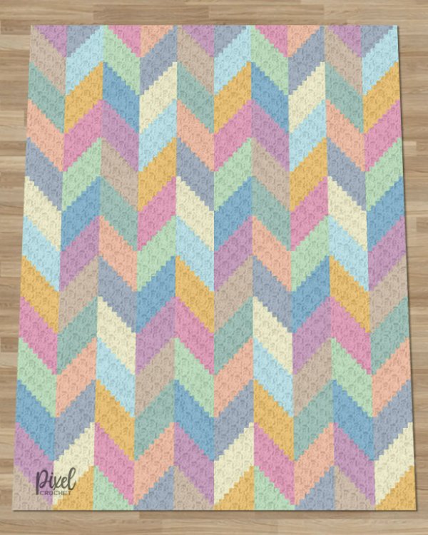 A pastel chevron striped c2c crochet blanket.