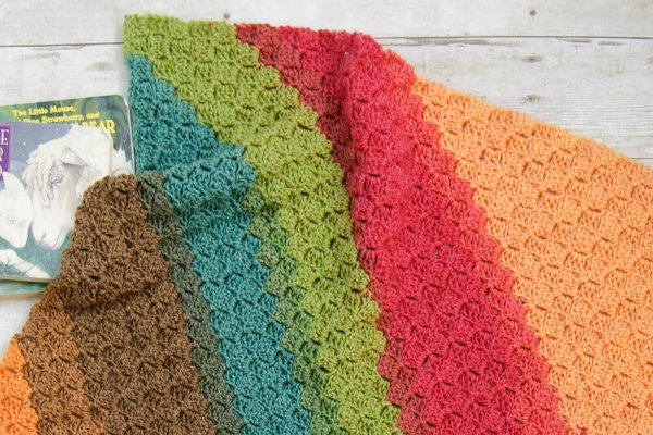 Rainbow diagonal stripe c2c crochet blanket.