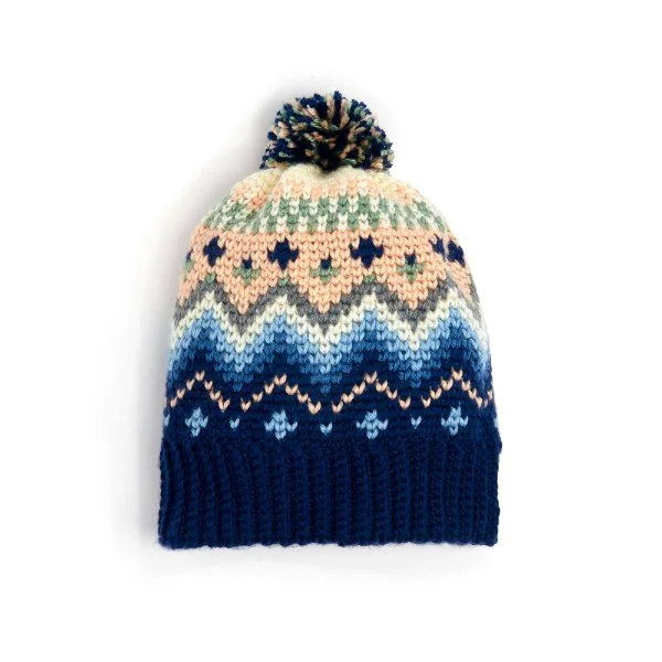 Multicoloured Fair Isle crochet hat.