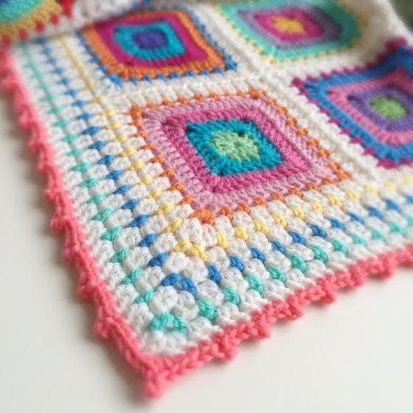 A close-up of the corner of a crochet granny square blanket.