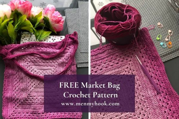 crochet market bag crocheted with pink gradient yarn.