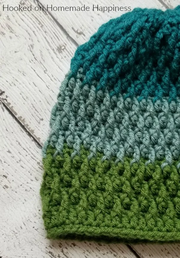 Men's crochet hat with green and blue stripes