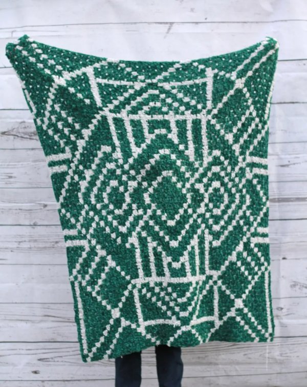 Emerald green art deco style c2c crochet blanket.
