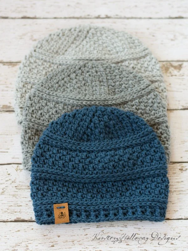 Three seed stitch crochet hats.