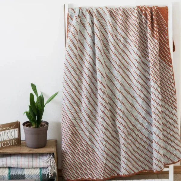 A c2c  moss stitch crochet blanket hanging on a ladder with a plant in the foreground.