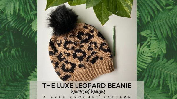 A leopard print tapestry crochet beanie.